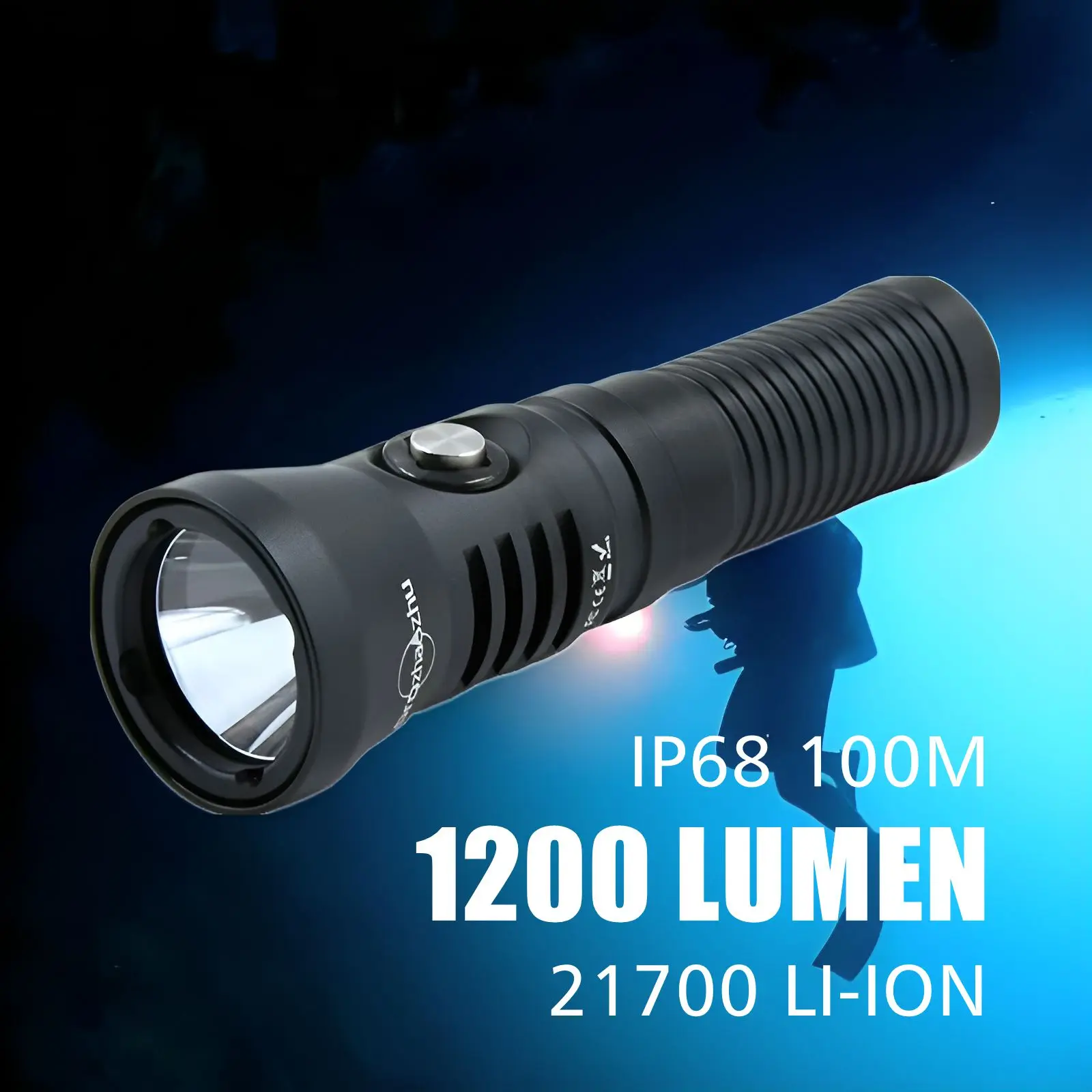 IP68 100M ไฟดําน้ํา 1200 Lumen อลูมิเนียมอัลลอยด์ไฟฉายดําน้ําแบบชาร์จไฟได้