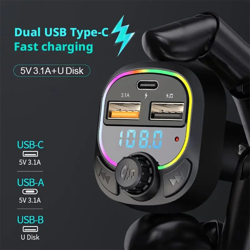 المزدوج USB نوع-C بلوتوث شاحن سيارة FM الارسال USB + Type-C 3.1A شحن سريع مكبر الصوت اللاسلكي مشغل MP3 محول الشحن