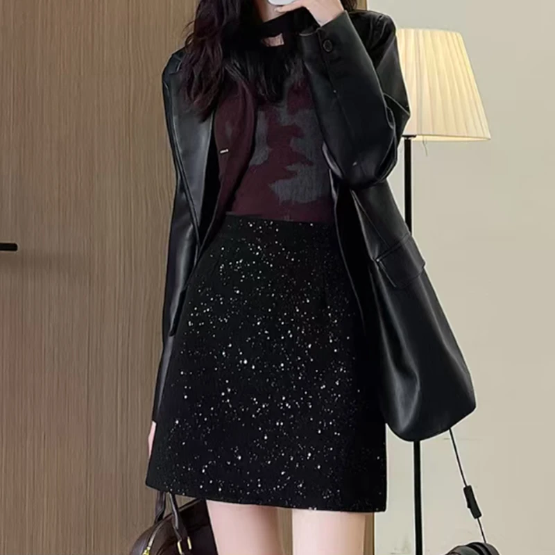 กระโปรงทรงเอไลน์ผู้หญิงแฟชั่นเกาหลี ประดับเลื่อมวิบวับ เอวสูง ทรงเข้ารูป กระโปรงสั้น ผู้หญิง ฤดูใบไม้ร่วง ฤดูหนาว ซิป สีเทา