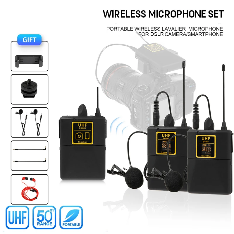 Professional UHF Wireless Lavalier Microphone with Audio Monitor Function Mic 2 Channels 80m Range for DSLR Cameras Interview