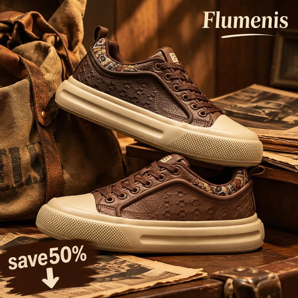 Flumenis Men Women Retro Skate Shoes Stitched Leather Upper Thick Bottom Street Casual Footwear