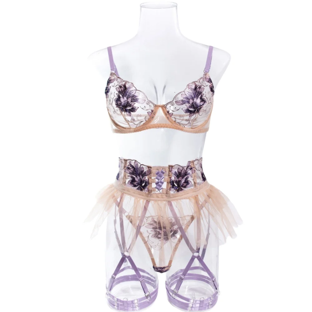 Women's Floral Embroidery Underwear 4Pcs Sets Sexy Mesh Patchwork Bras And Thongs Garter Lingerie Set Fancy Erotic Sex Costume