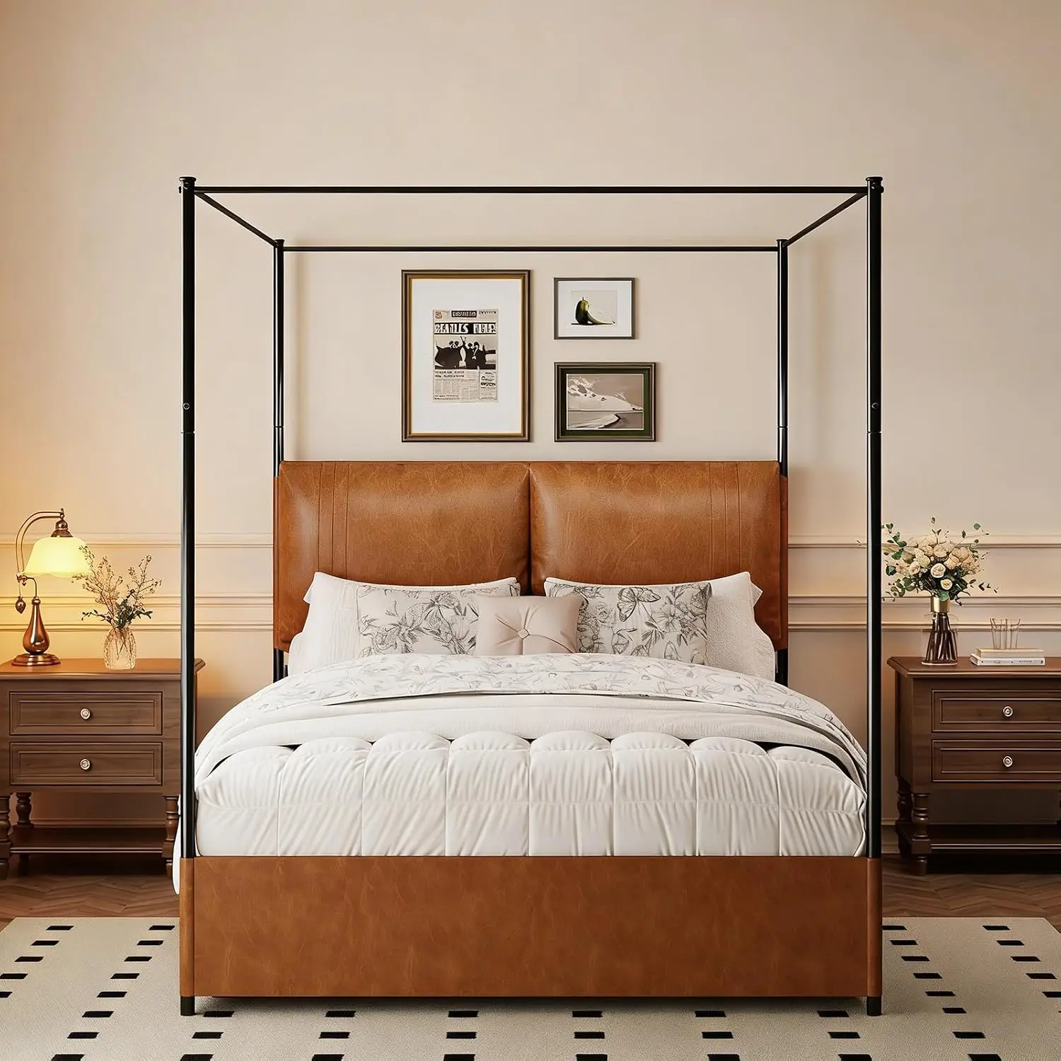 King Size Canopy Bed Frame Faux Leather Headboard Upholstered Platform, Customized