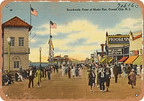 Metal Sign New Jersey Postcard - Boardwalk, Front of Music Pier, Ocean City, N. J. - Vintage Rusty Look