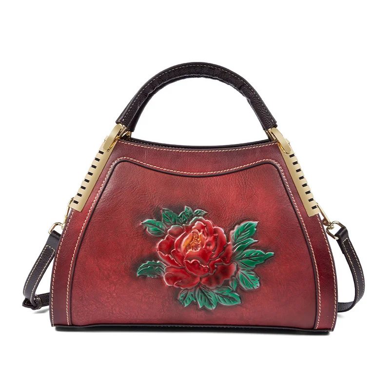 Women Genuine Leather Messenger Shoulder Tote Bags Flowers Real Cowhide Female Lady Designer Cross Body Top Handle Handbag