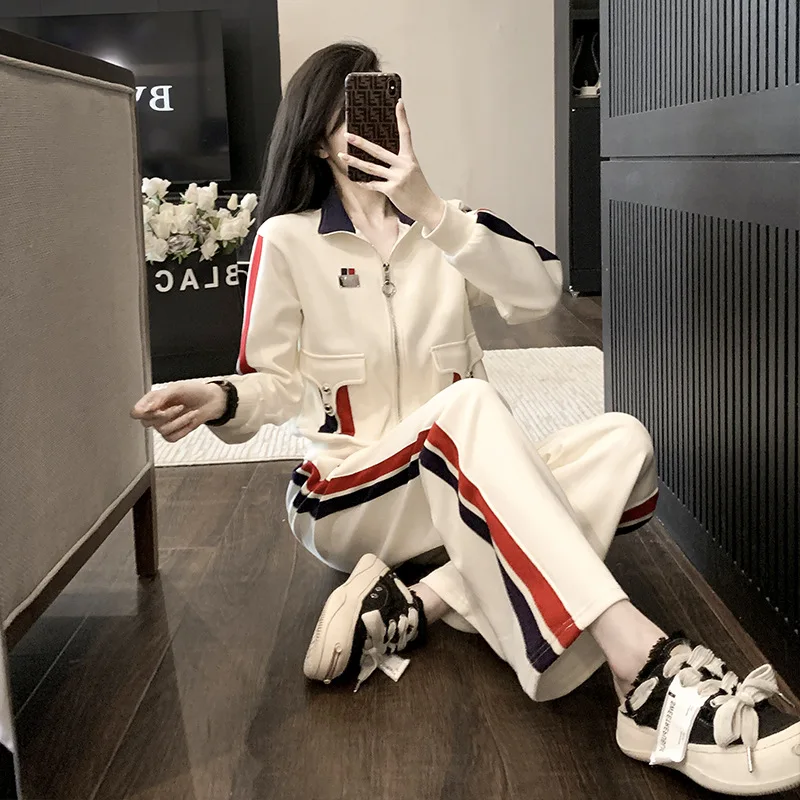 OL 2024 autumn Winter Tracksuit Women Hooded zipper jacket Sweatshirt + sport striped wide leg Pant Suit Casual Two Piece Set