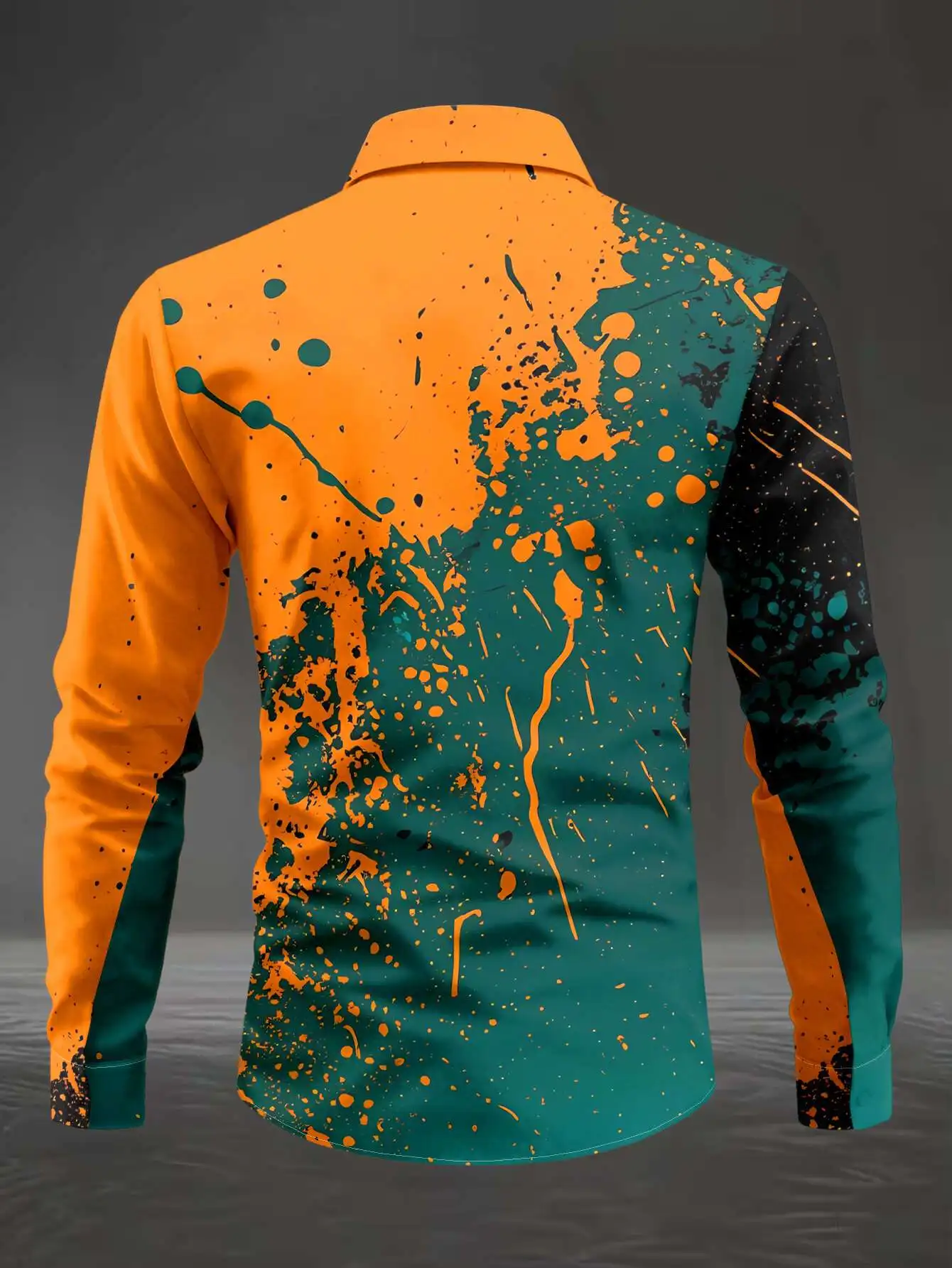 Men Orange Green Splash Ink Gradient Print Long Sleeve Shirt Lapel Collar Button‑Up Polyester Street Blouse