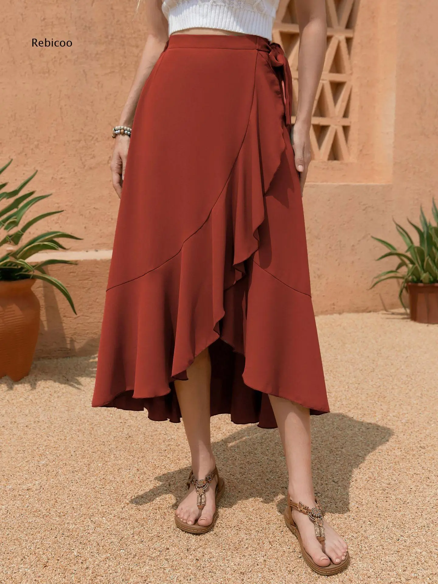 Ladies Flowy Wrap Midi Skirt Decorative Side Tie Ruffled Uneven Hem For Holiday Events And Multiple Chic Outfit Combinations