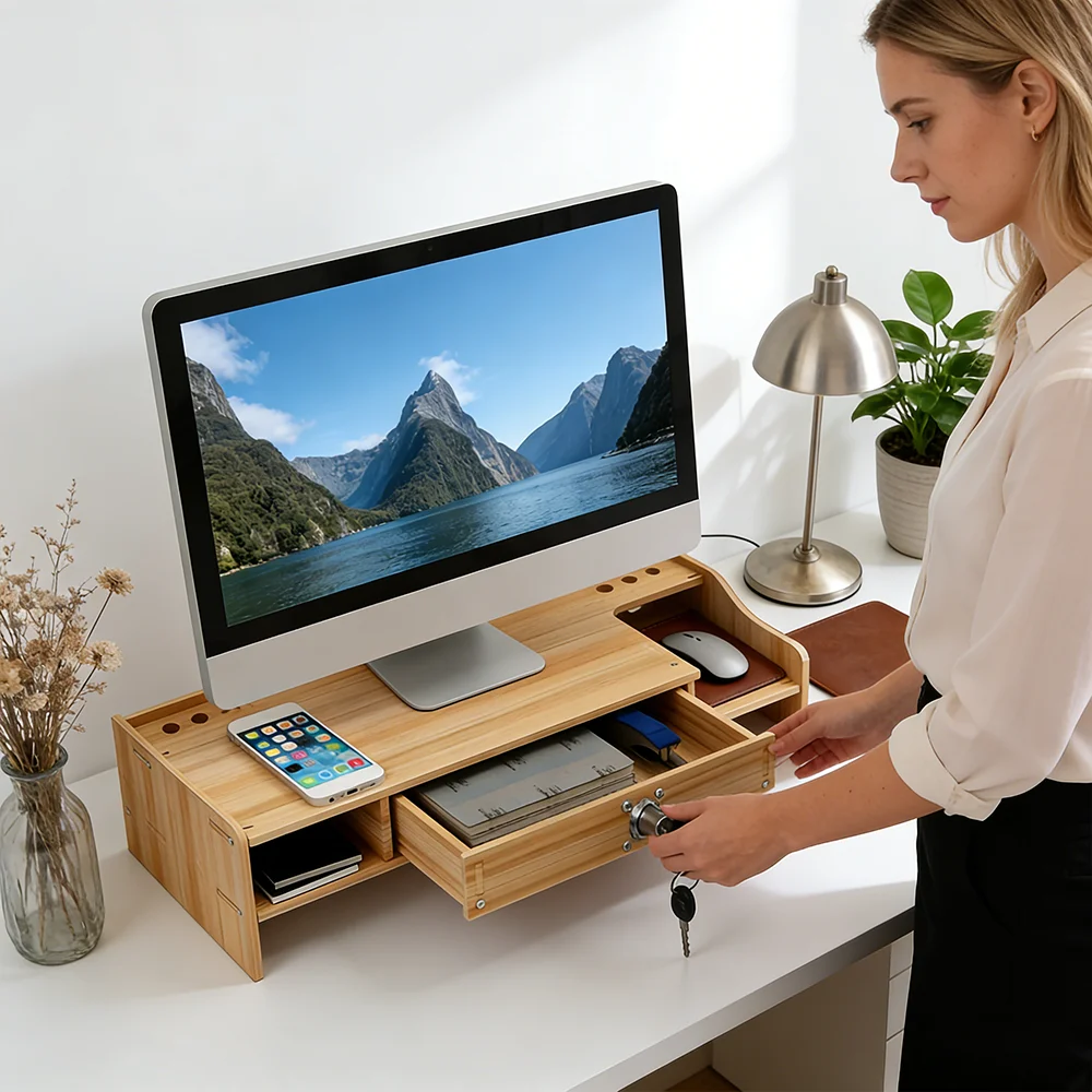 Natural Bamboo Monitor Stand with Lockable Drawer, Desktop Organizer Riser with Keyboard Storage Shelf for Office, Home, Study