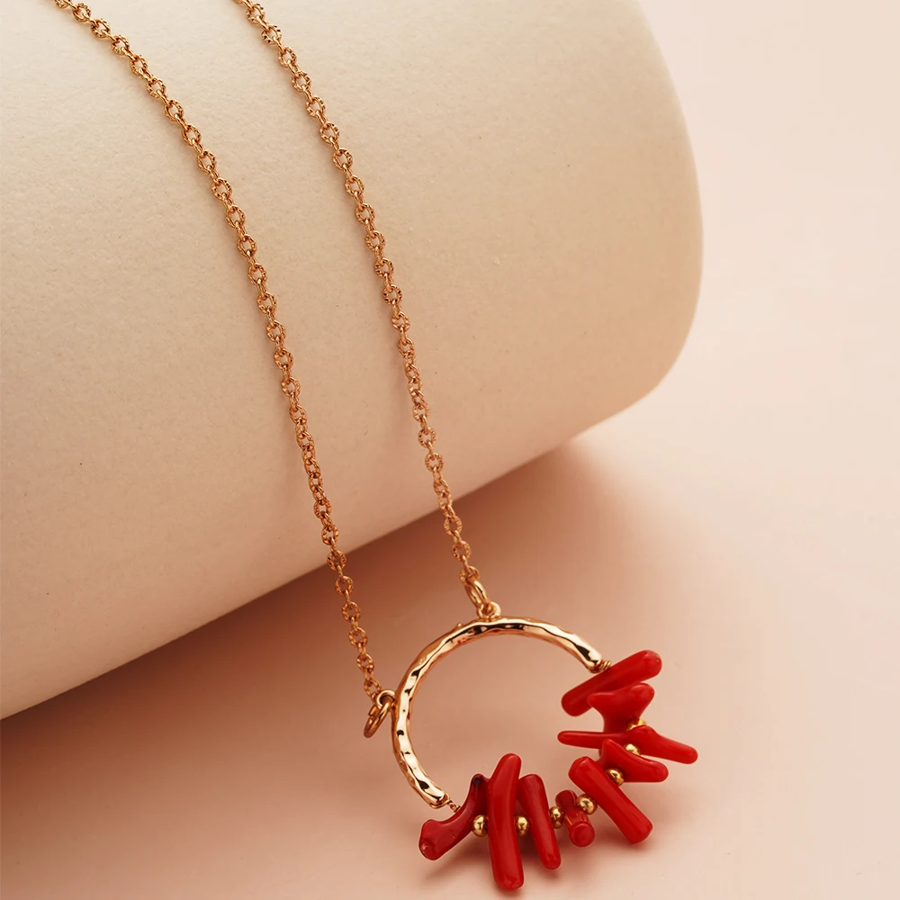 Copper Metal Red Coral Pendant Necklace For Women Bohemia Cute Jewelry Ethnical Casual Party Christmas 2024 New In Trending Y2K