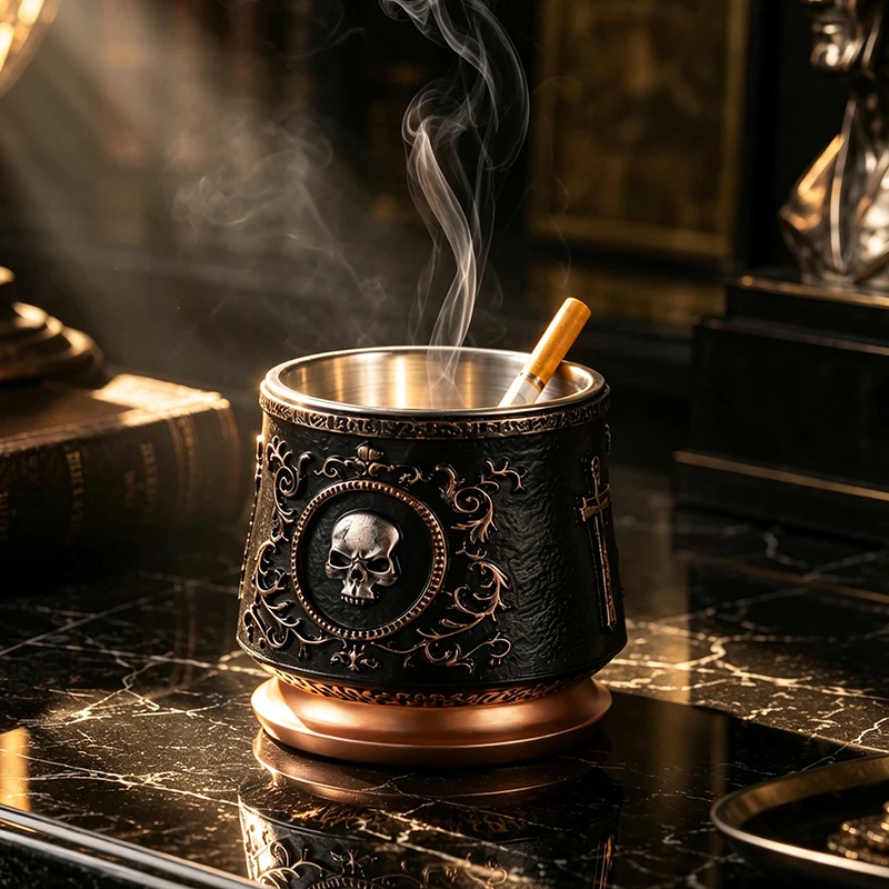Creative Imitation Skull Embossed Resin Ashtray Detachable Steel Liner with Extinguishing Sand Living Room Table Decor Ornament