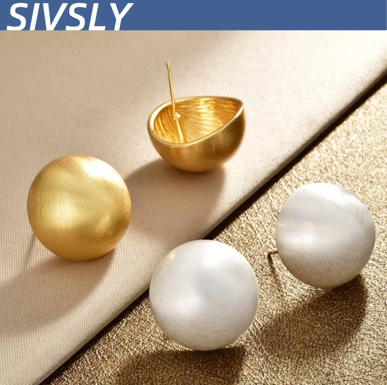 

[Temperament] Fashion ins cold wind lacing metal semi-round ball earrings high-end feeling retro individuality simple earrings