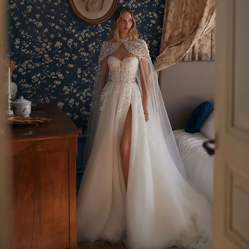 

Сексуальная юбка с вырезом в форме сердца на шнуровке сзади, с разрезом и аппликациями из бисера, свадебные платья из 2 предметов со съемной шалью на плечах, платья de