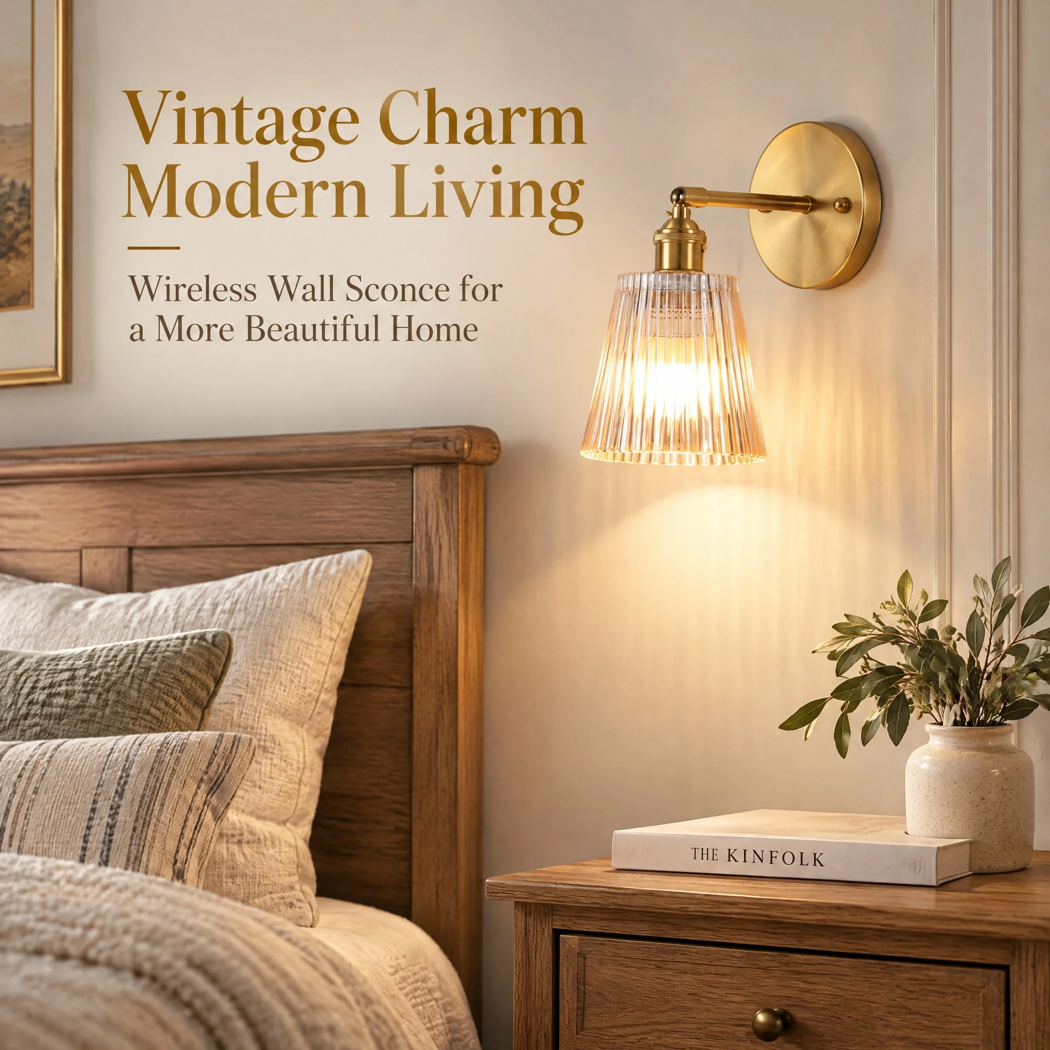 Vintage Brass Wall Sconce with Ribbed Glass Shade Battery Operated RGB Dimmable Wall Lamp Remote Control Timer E26 E27 Base Hardwire & Wireless Install Wall Light for Bathroom Bedroom Mirror Living Room Decor