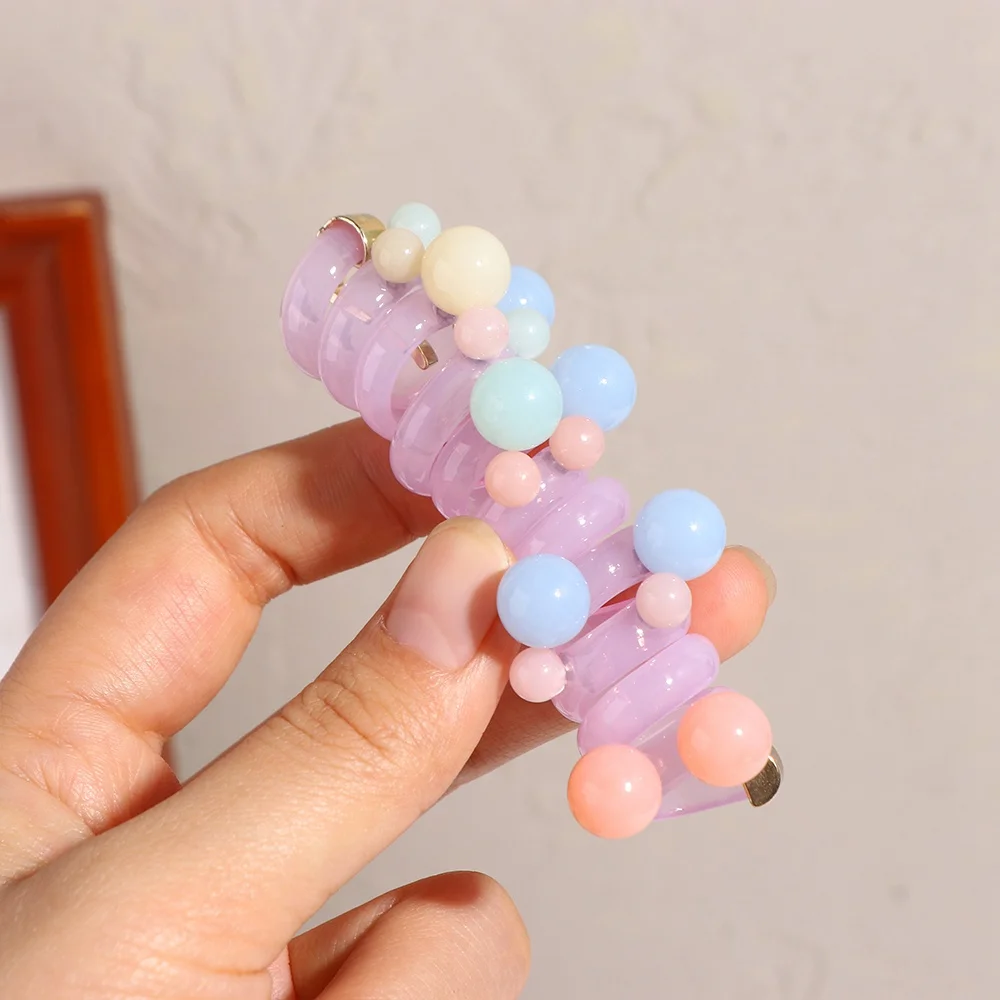 

Sweet Beads Telephone Line Hair Rope Elastic Straight Transparent Ponytail Holder Rubber Band Korean Style Pearl Hair Ring Daily
