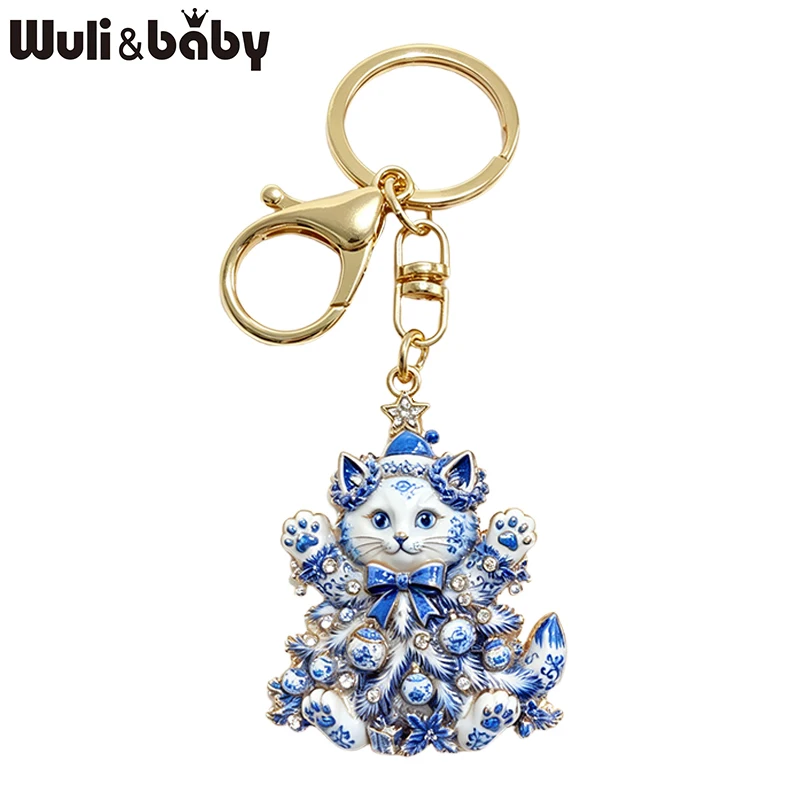 Wuli&baby Entzückender Katzen-Weihnachtsbaum-Schlüsselanhänger für Damen und Herren, 2-farbiger Schlüsselanhänger mit Kätzchenmotiv, Tier-Schlüsselanhänger für Taschen, modische Geschenke