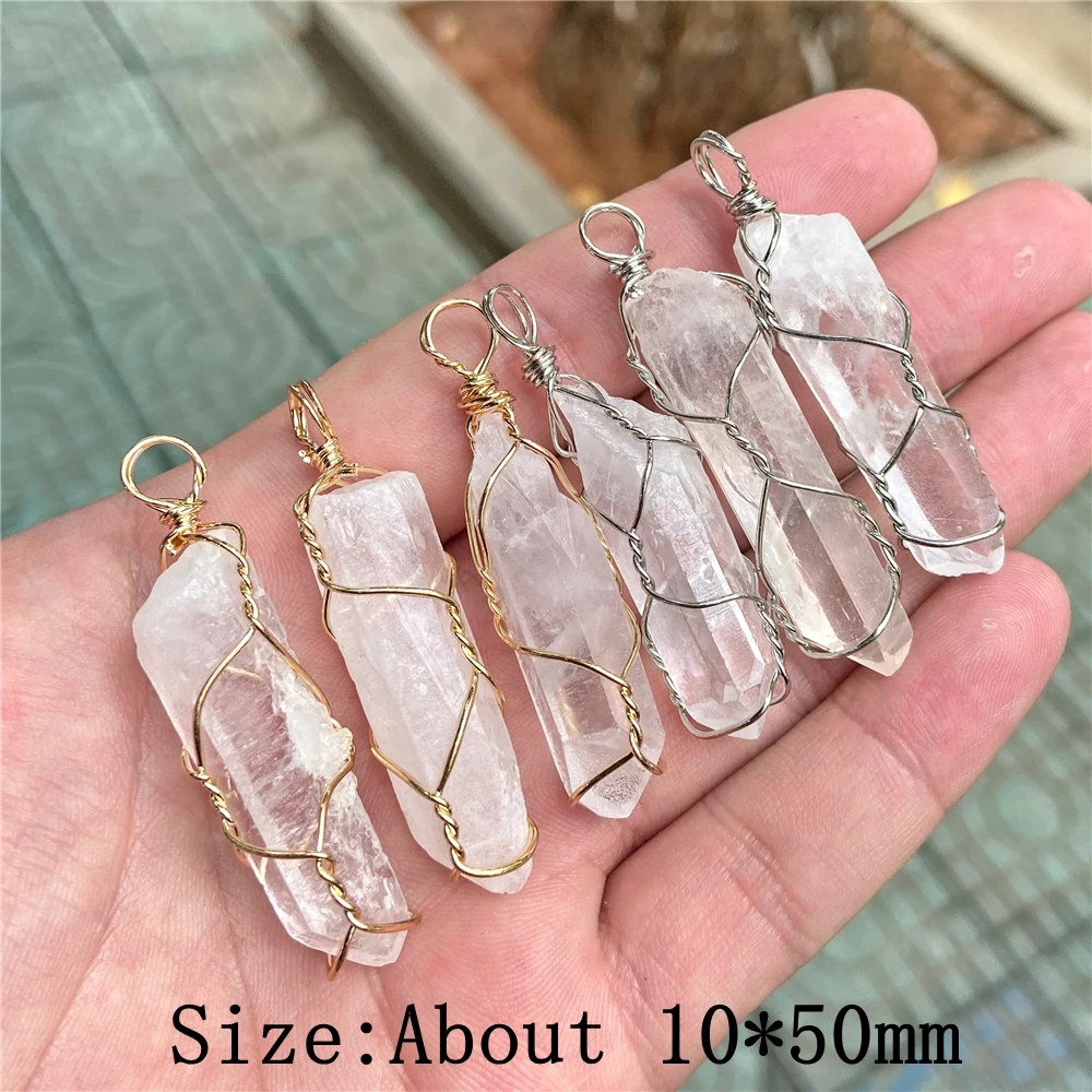 10x50mm Natural Stone Clear Crystals Pendants Fashion Winding Quartzs Pendant Reiki Wire Healing Charms for DIY Accessories 2Pcs