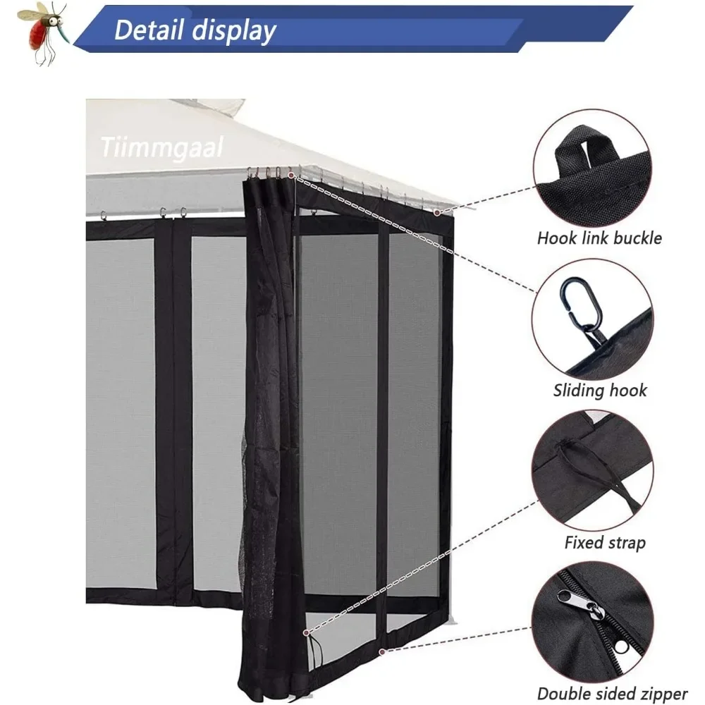 Moustiquaire de Remplacement pour Gazebo, avec Anneaux de Glissement, Fermeture Éclair à 4 Portes, Facile à Installer, Noir