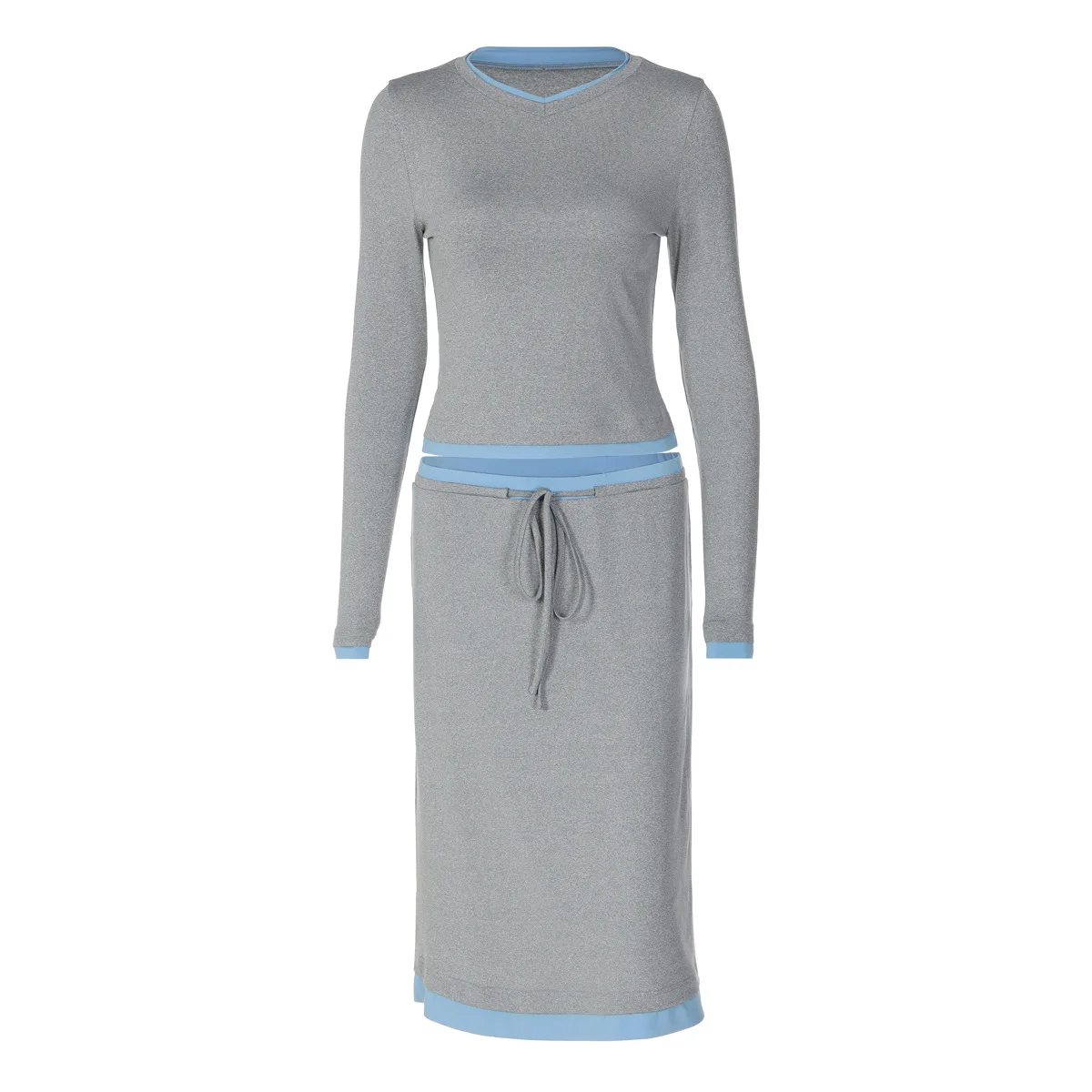 New Women's Two-piece Dress With Contrasting Color Trim Long Sleeved Cut Top High Waisted Drawstring Tight Skirt Daily Clothing view 5