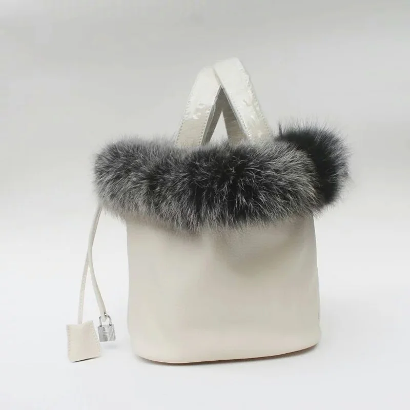 

luxury Women Bag Famous Design Genuine Leather Women Handbag Rabbit Hair Fur String Bucket Shoulder Bag Elegant Winter Snow Bag