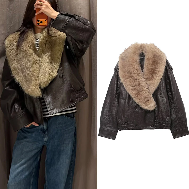 Chaqueta de mujer 2025, nueva moda de invierno, chaqueta de piel sintética de guijarro marrón, abrigo con cuello de piel desmontable con personalidad estilo motocicleta