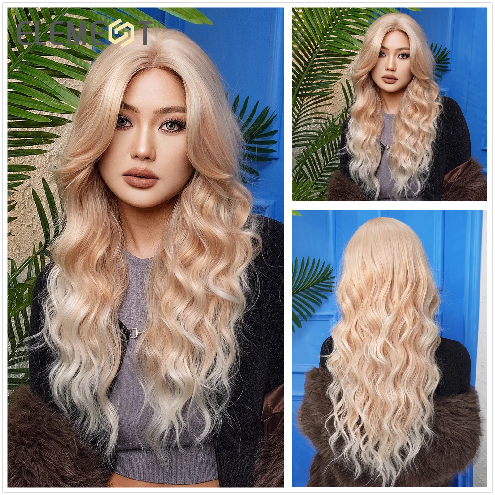 ELEMENT Elegant 1*4 cm Front Lace Synthetic Wig Long Wavy Ombre Light Blonde with Light End Curly Hair Wigs for Women Daily Use