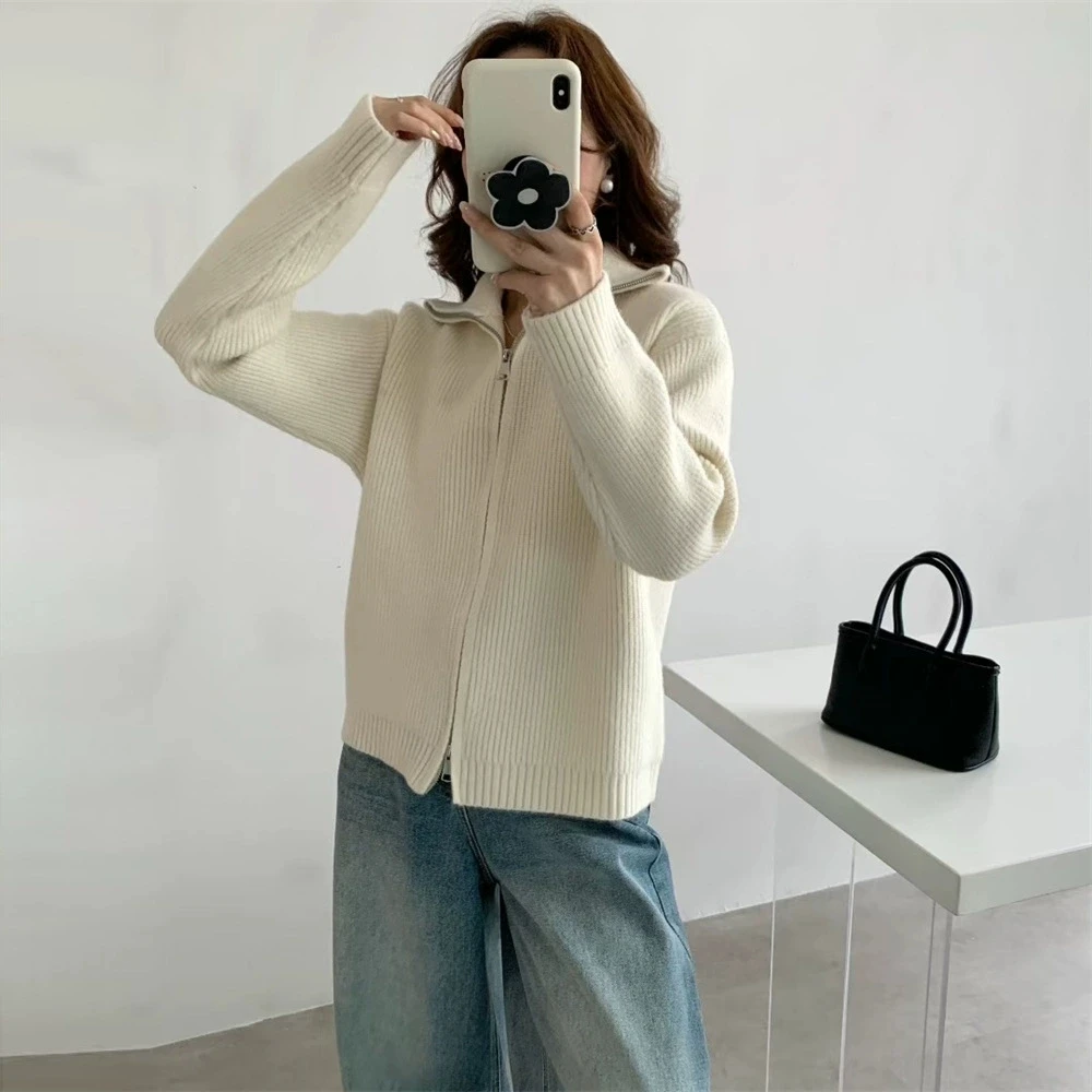 2025 Korean lazy style double zipper knitted cardigan jacket for women's autumn and winter solid color loose sweater women's top