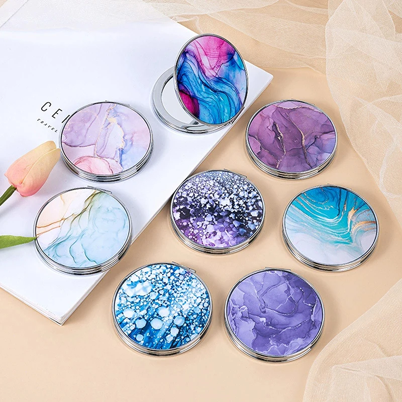 1Pcs Portable Small Double-Sided Folding Cosmetic Mirror Creative Makeup Round Stripe Pattern Mirror Compact Pocket Mirror