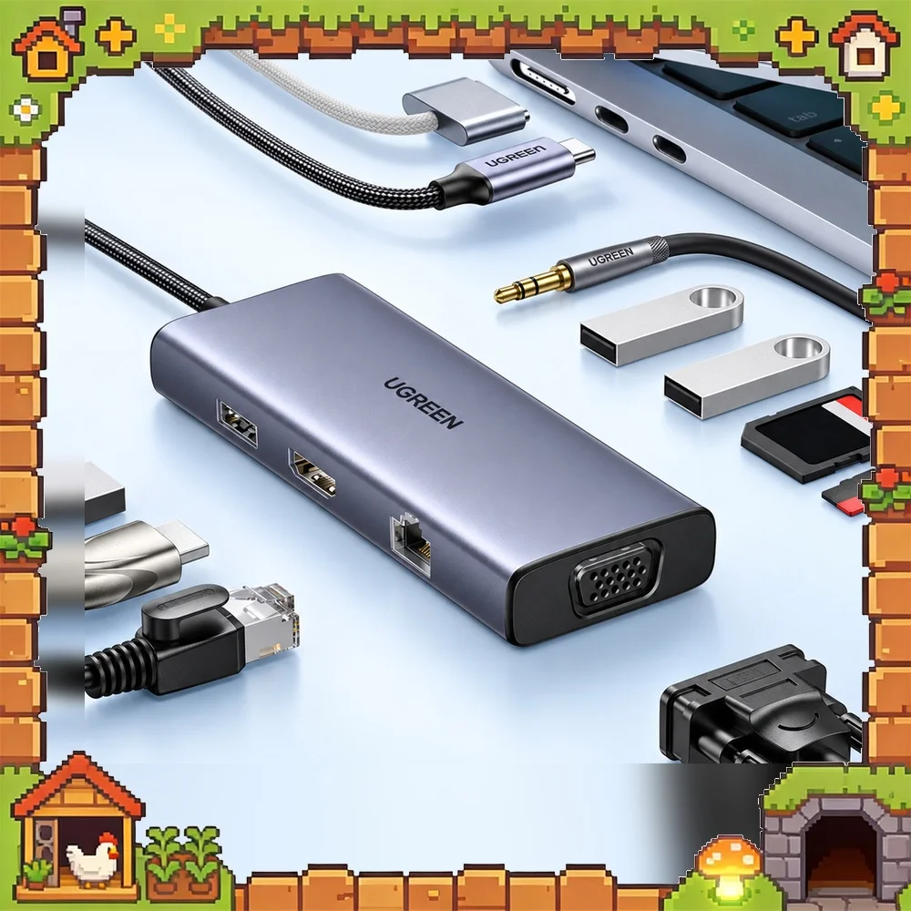 UGREEN 50611 9-in-1 USB-C Hub, 4K 60Hz HDMI, 1080p VGA, Gigabit Ethernet, 2 USB 3.0, USB 2.0, SD/TF Reader, 3.5mm Audio