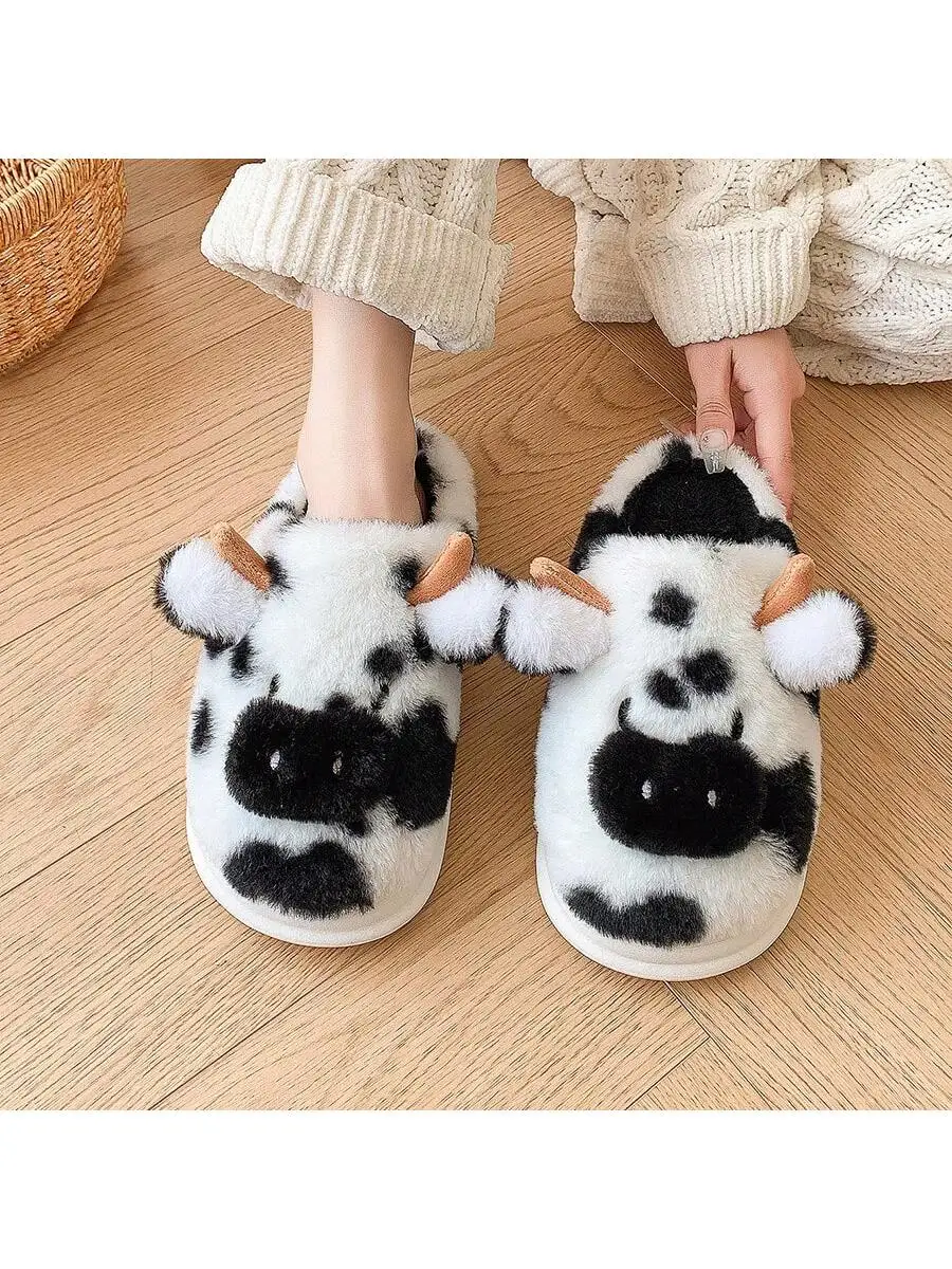 Women's Slippers with Spotted Cow Hair and Indoor Slippers, Warm and Thick-Soled Plush for Autumn and Winter image 5