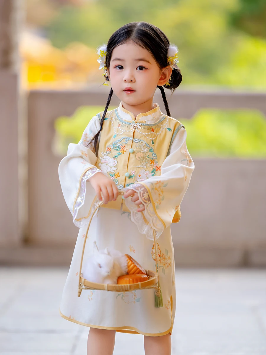 Hanfu Girls Autumn 2024 Baby Girl Vest Cheongsam Jade Rabbit  Girl Ancient Clothing Children's Tang Clothing Mid-Autumn Festival