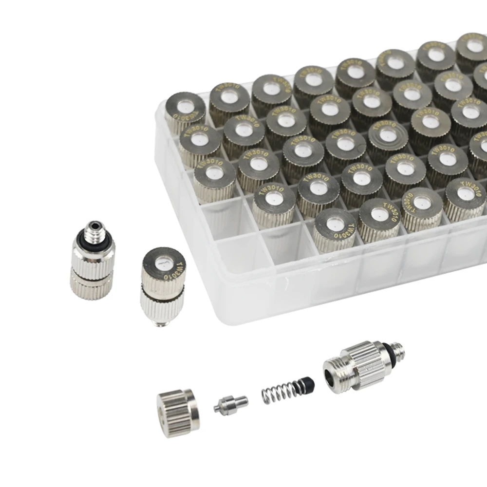 50Pcs Anti Drip Fog Nozzle High Pressure Mist Cooling Atomizing Sprayer 3/16'' 0.1-0.6mm Garden Agriculture Irrigation Humidify