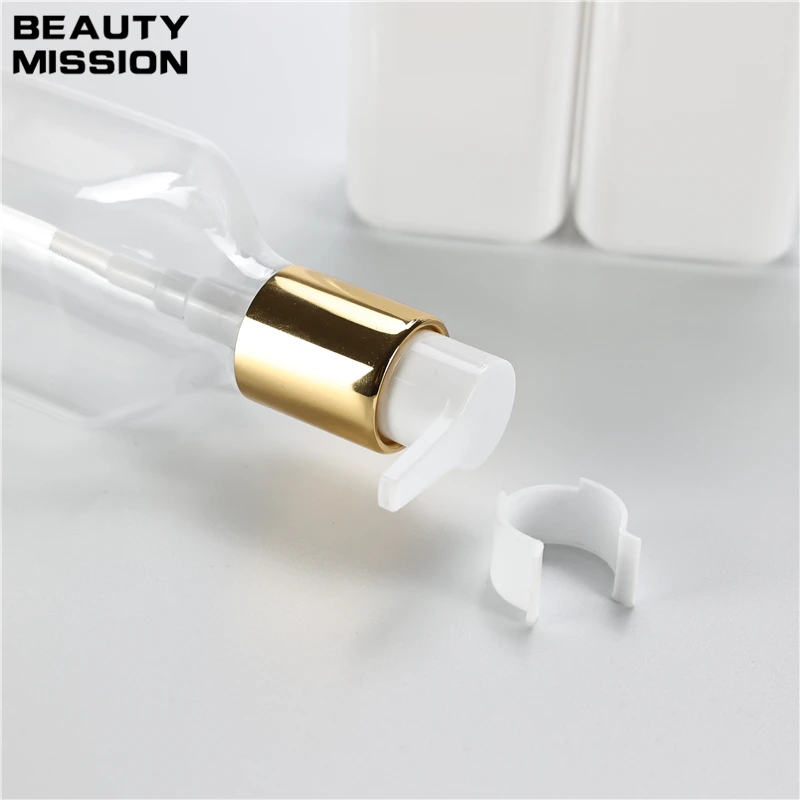 White Clear 250ML X 25 Empty Plastic Bottle With Anodized Aluminum Lotion Pump Cosmetic Shower Gel Shampoo PET Refillable Bottle