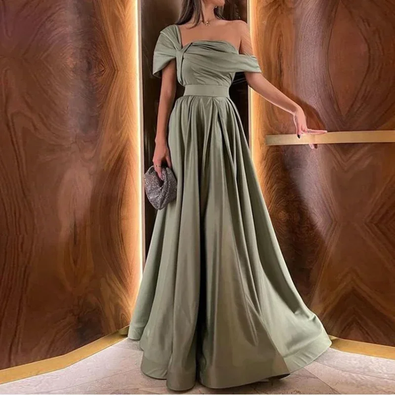 Customized New Luxury Graceful Evening Dress Long A Line Satin Floor Length Off The Shouldr Solid Temperament Formal Vestidos A-