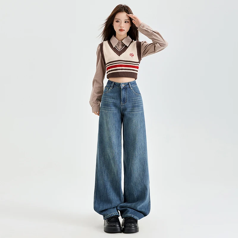 Jeans dritti da donna comodi Pantaloni in denim vintage vestibilità ampia e delicati sulla pelle Pantaloni lunghi da strada a vita bassa larghi a gamba larga