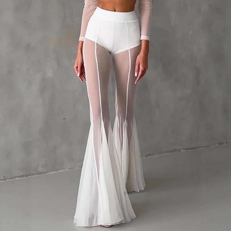Sexy Transparent Mesh See Through Long Flared Pants Trousers Women Summer Black Elegant Ruffles White Pants Bottoms Ladies - view 3
