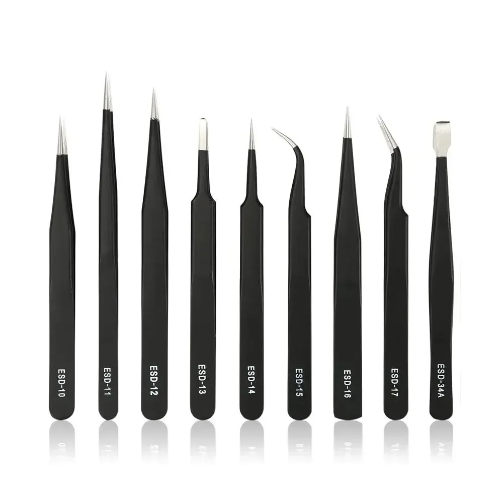 Krachtige 9pcs ESD Tweezer Set Electronics Repair Soldering Crafting Jewelry Anti-static Tweezers Non Magnetic Tips