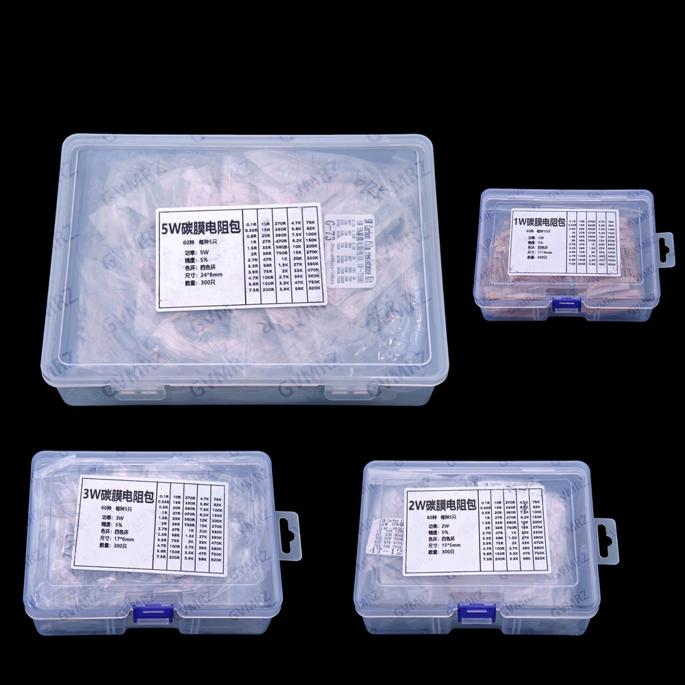 60Values 1K 2K 3K 1W 2W 3W 5W 5% Carbon film resistors kit dip 0.1R 100R 200R 300R 1K 2K 3K Resistor Component
