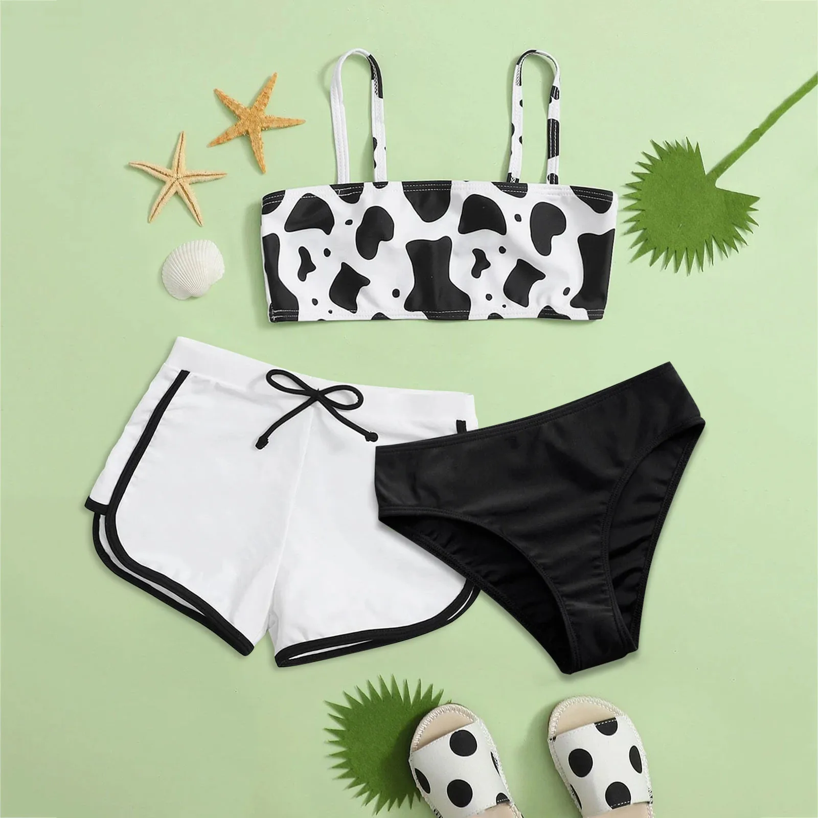 Cow Floral Print Swimwear Cut Out Swimsuit For Teenager Kids Girls Summer Three-piece Bikini Sets Swimming Bathing 8-14 Years