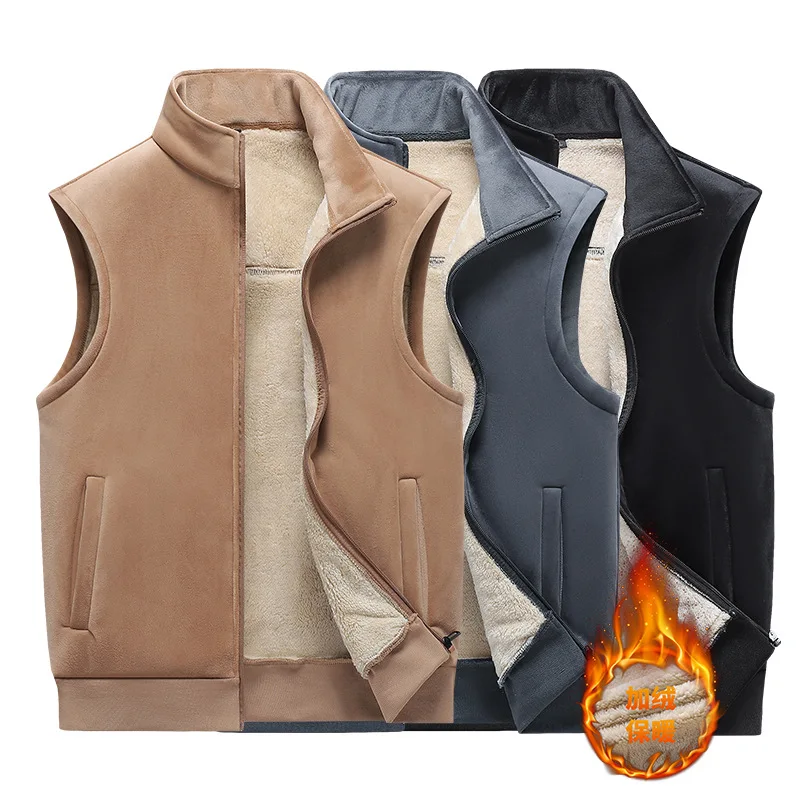 

2023 Men's Autumn and Winter New Velvet Padded Pleuche Vest Youth Cold-Proof Warm Stand-up Collar Waistcoat