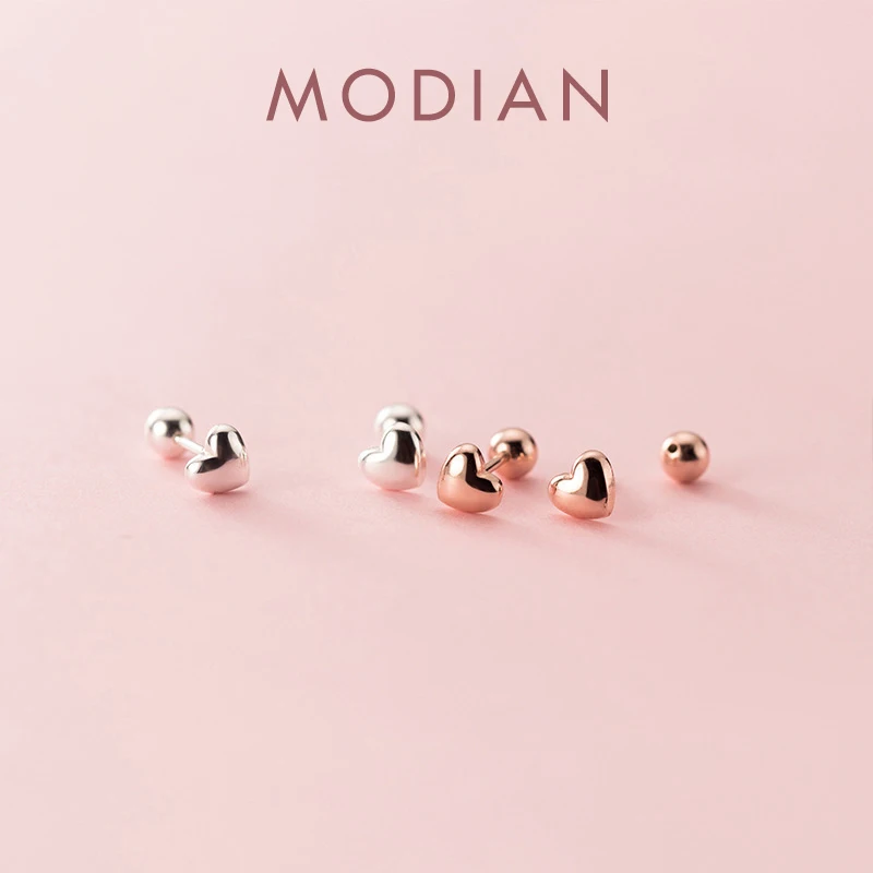 Modian Authentic 925 sterling Silver Rose Gold Color Glossy Hearts Kolczyk sztyft dla kobiet Moda Proste kolczyki do uszu Drobna biżuteria