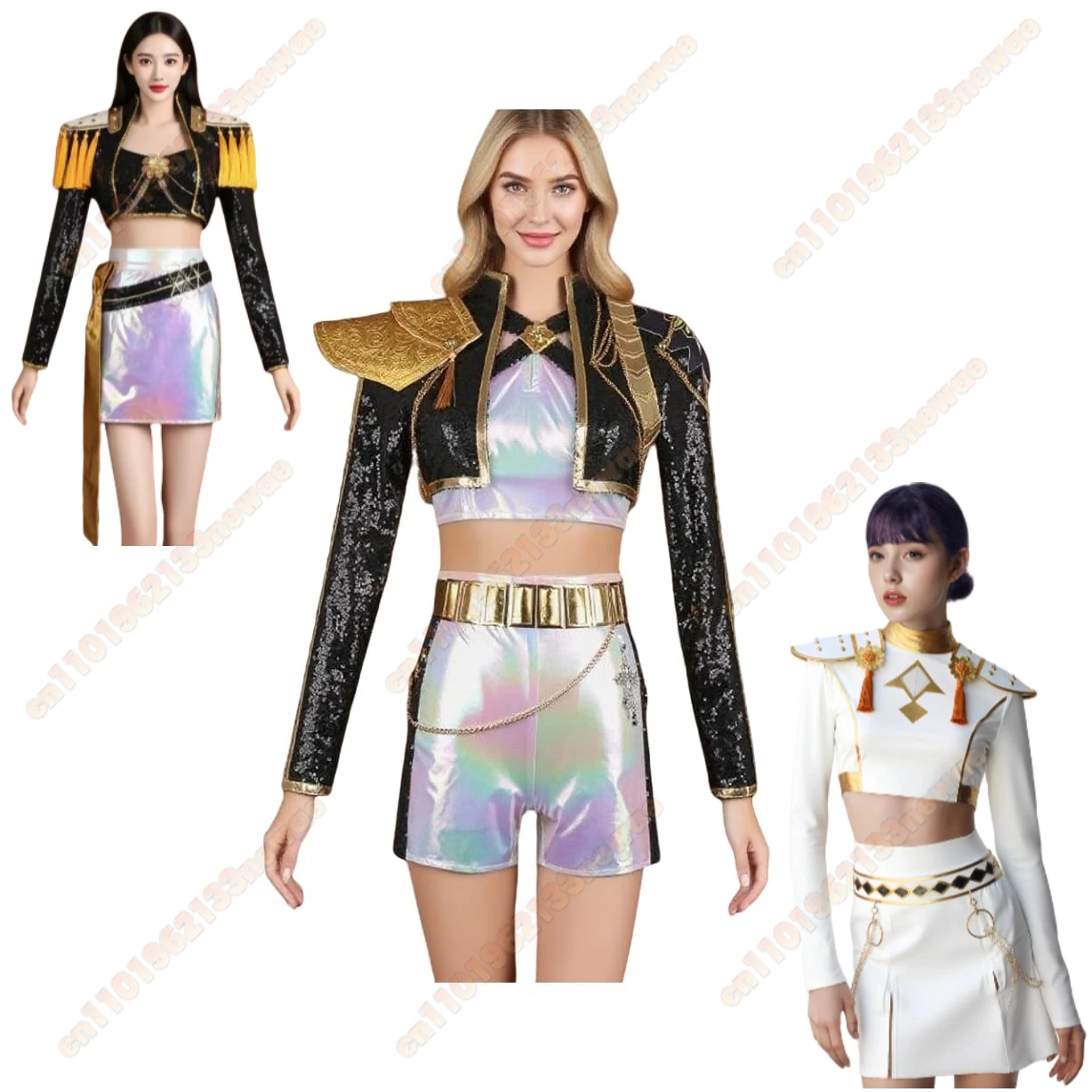 

RUMI KPop Zoey Black White Golden Demon Cosplay Costume with Earrings Anime Hunters Roleplay Outfit for Halloween Party Suit