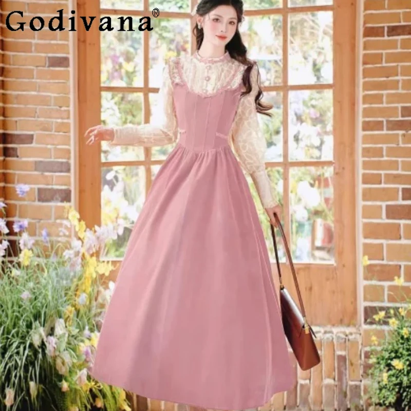 

Autumn Winter Christmas French Retro Girl Sweet High Waist Dress Fashion Crew Neck Long Sleeve Fake Two Piece Long Dresses