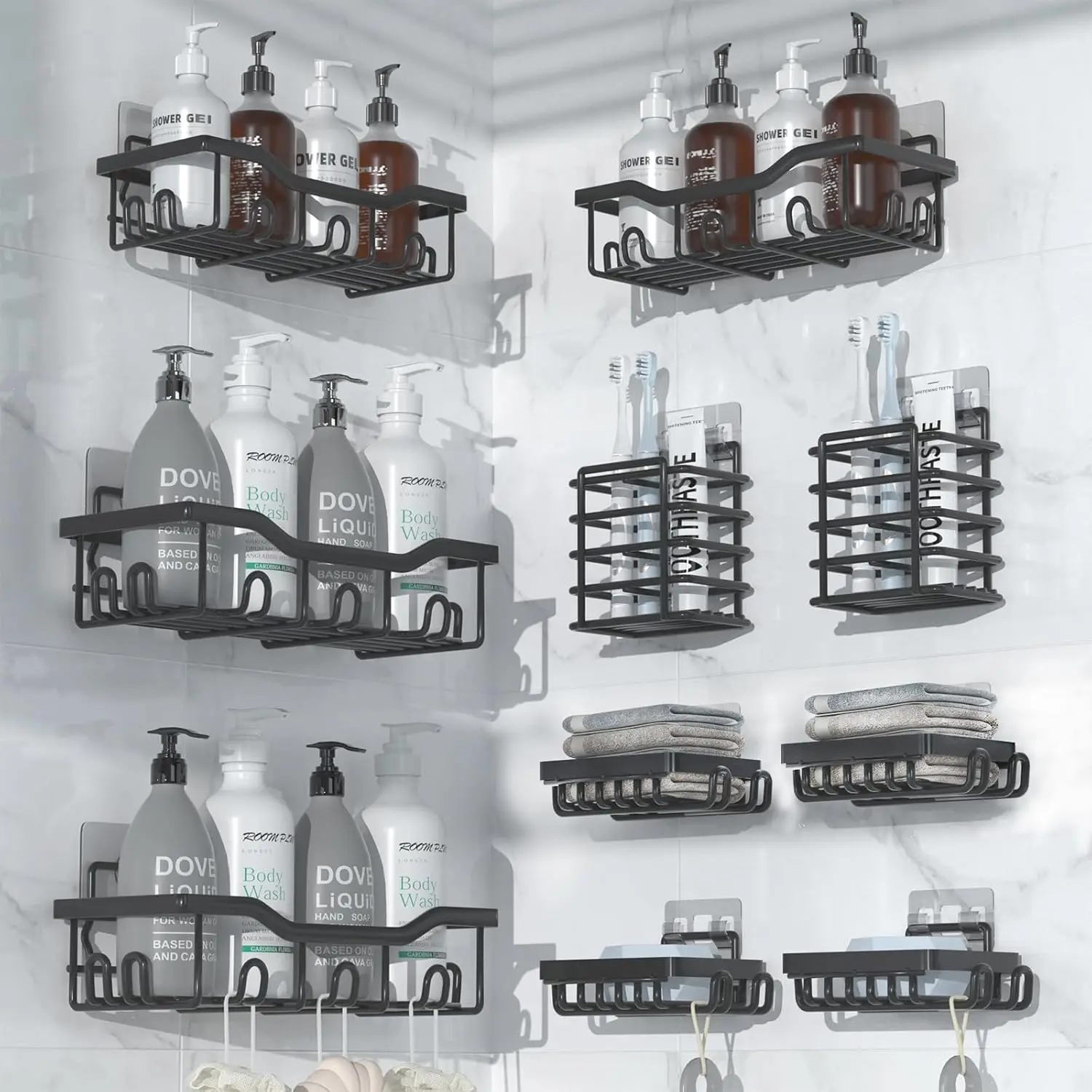 

Shower Caddy For Bathroom Organizer - 10-Pack(2 Sets) Black Large Capacity Shower Rack - Adhesive Shower Shelves for Bathroom &