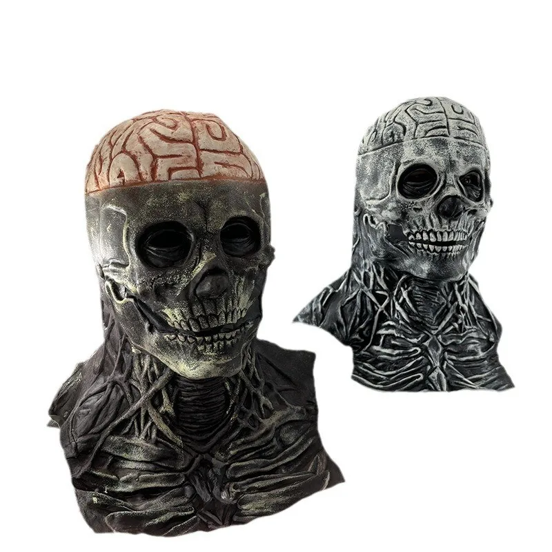Skull Latex Mask Horror Brain Mask with Black Hat For Halloween Party Masquerade Costume, Halloween Show Props Funny Face Mask image 6