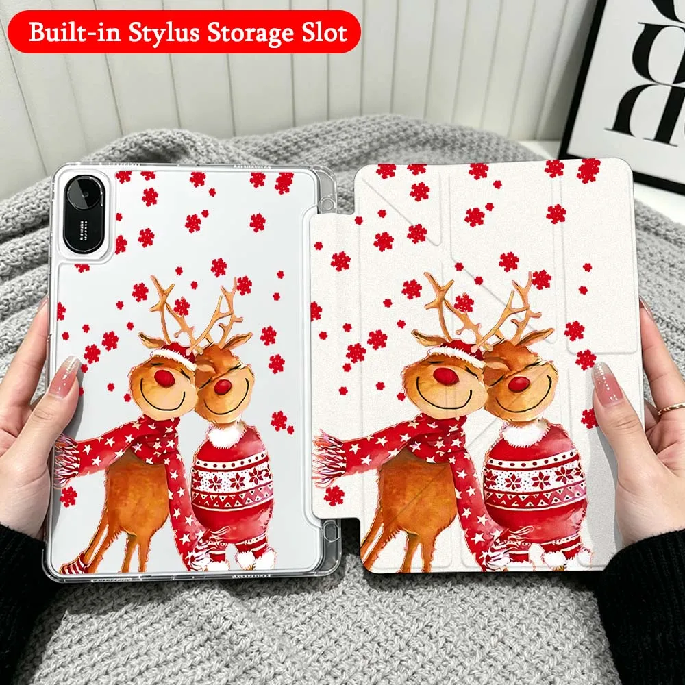 Red Nose Reindeer Case For Xiaomi Redmi Poco Pad 5 6 7 8 Pro SE 11 11.2 12.1 Inch Transparent Y-Shaped Folding Tablet