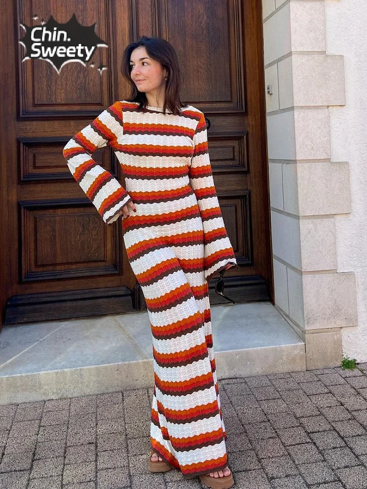 Elegant Striped Crochet Knitted Maxi Dress Fashion O-neck Flare Long Sleeve Backless Dresses 2024 Women High Street Slim Robes