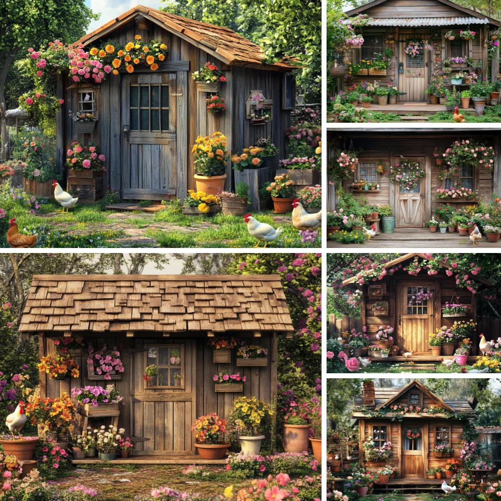 

Spring Easter Backdrop Vintage Wood House Cabin Flower Eggs Party Decoration Baby Shower Backdrop Photo Props