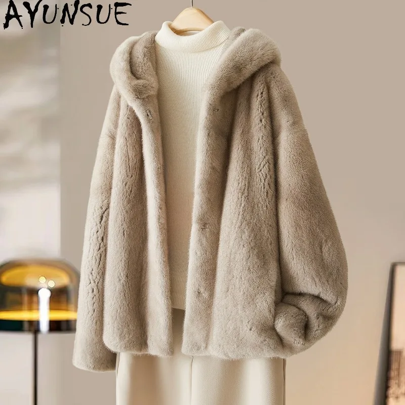 

Шуба женская AYUNSUE из натурального меха норки, с капюшоном, теплая зимняя верхняя одежда, свободная стильная куртка