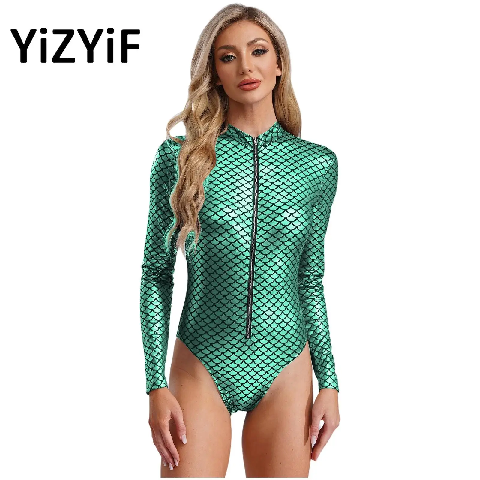 

Women Mermaid Swimsuit Mock Neck Long Sleeve Leotard Swimsuit Fish Scales Swimwear Swimming Pool Party Beach